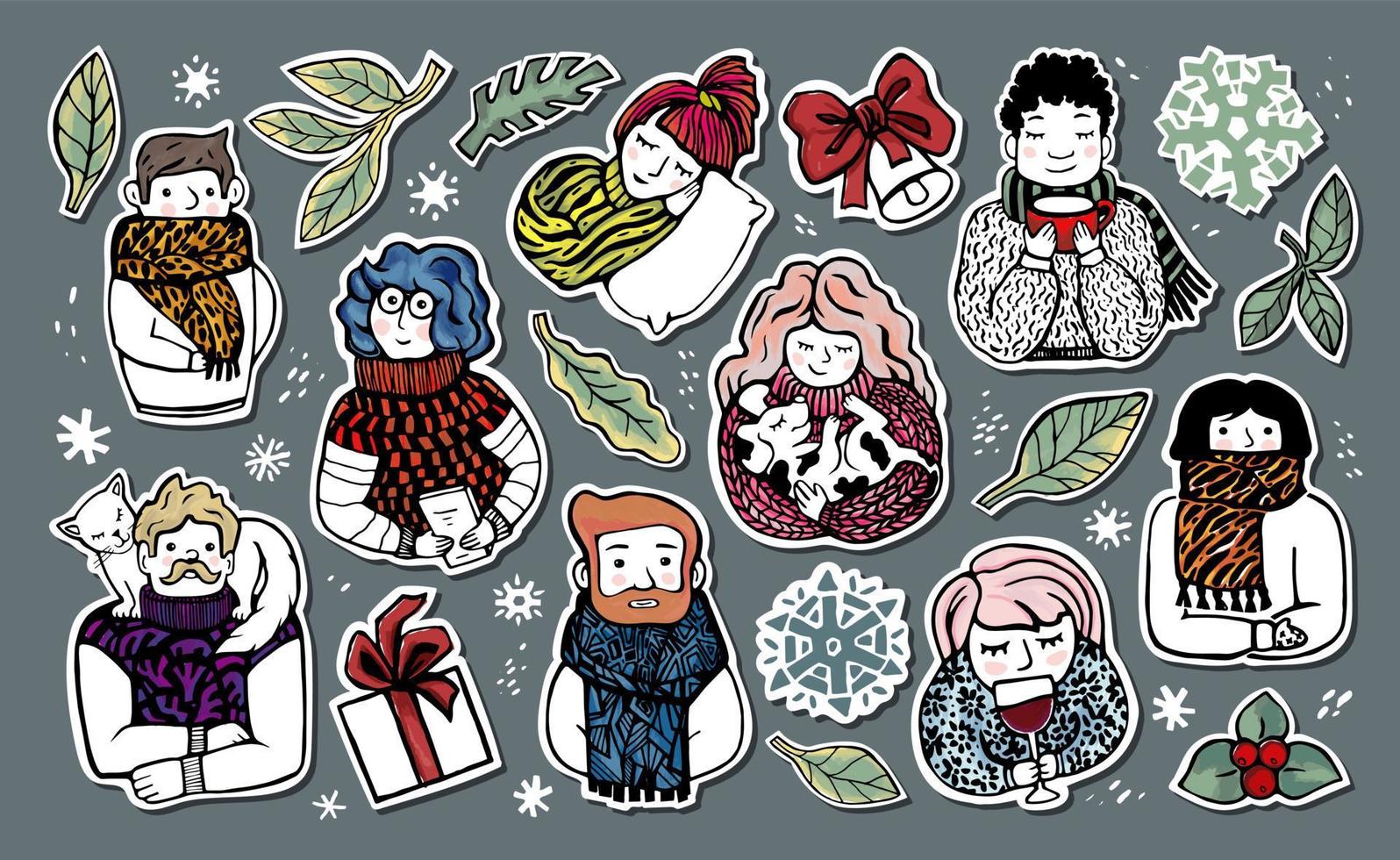 Big set of cute stickers - a variety of men and women in warm clothes. Christmas elements, snowflakes, branches, gifts, leaves. Hand drawn winter illustration isolated on layers. Baby funny style. vector