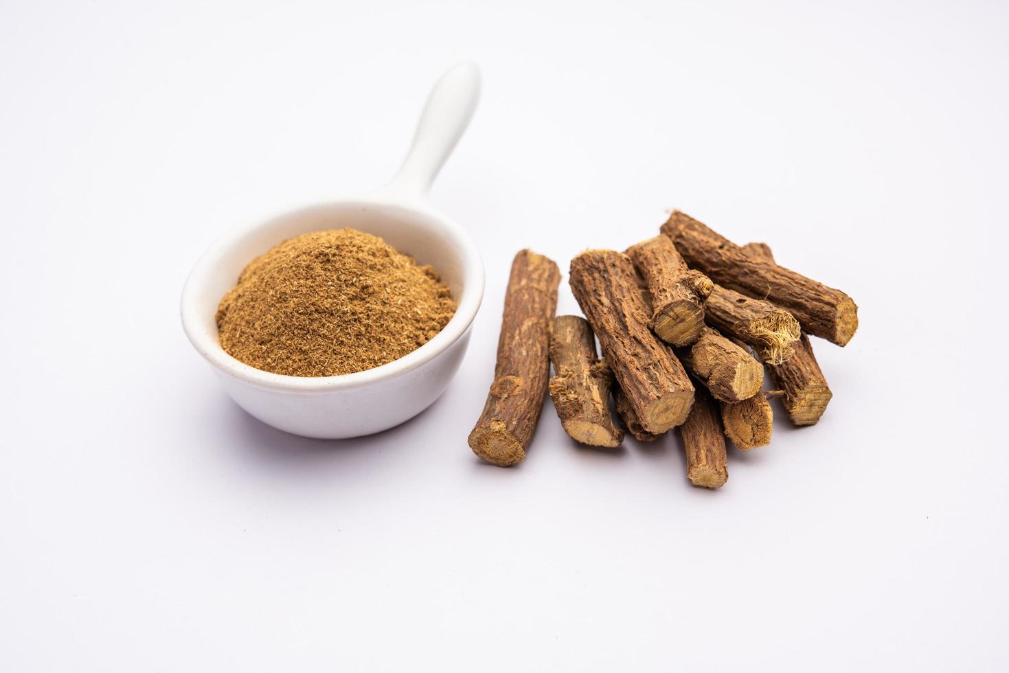Ayurvedic Mulethi or Liquorice root stick or jeshthamadh powder served