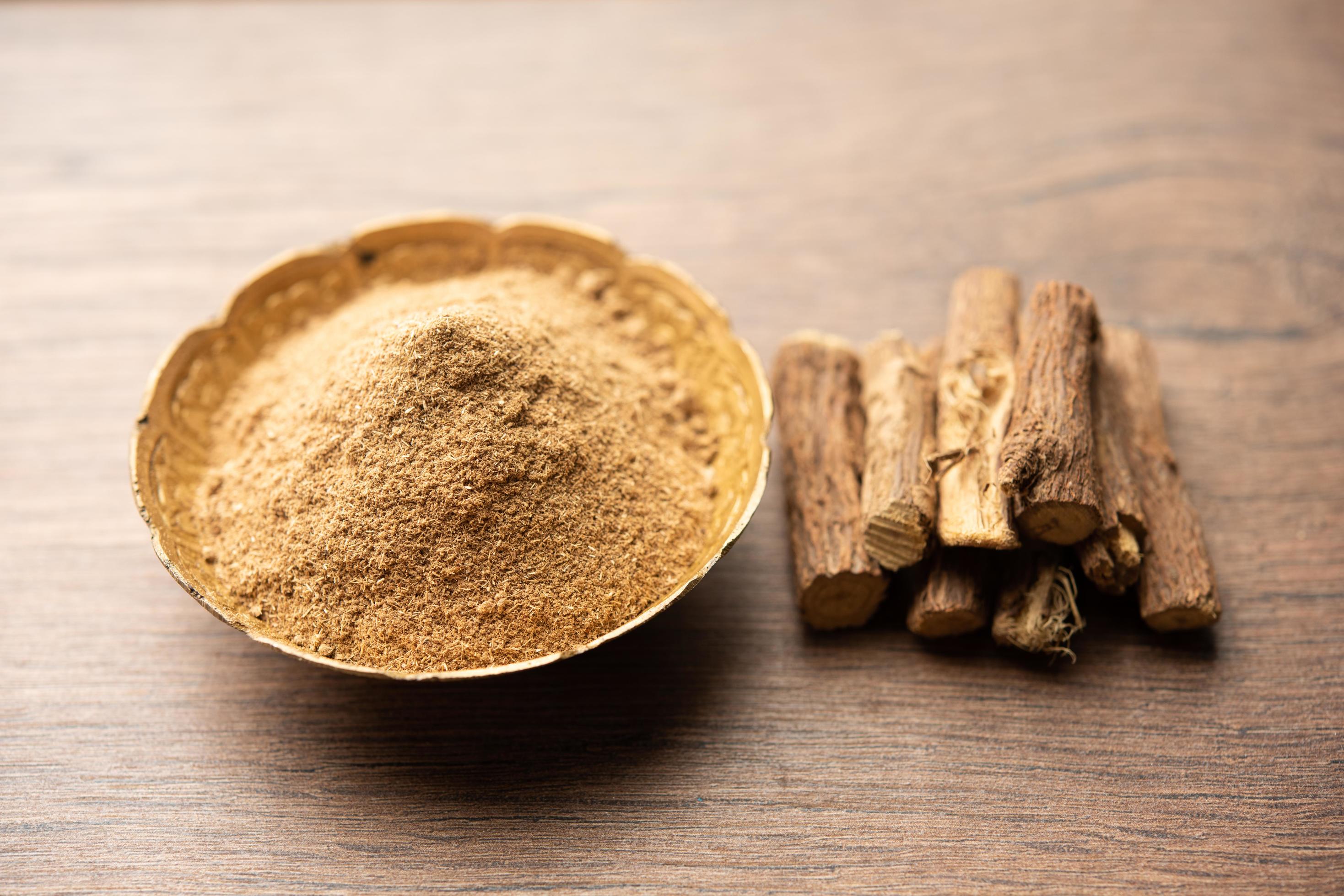Ayurvedic Mulethi or Liquorice root stick or jeshthamadh powder served