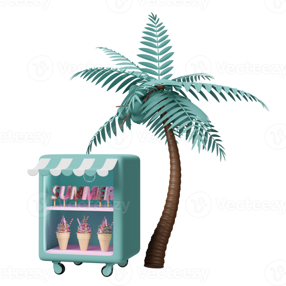 shop store with ice cream showcases or fridge, coconut tree or palms isolated. 3d illustration or 3d render png