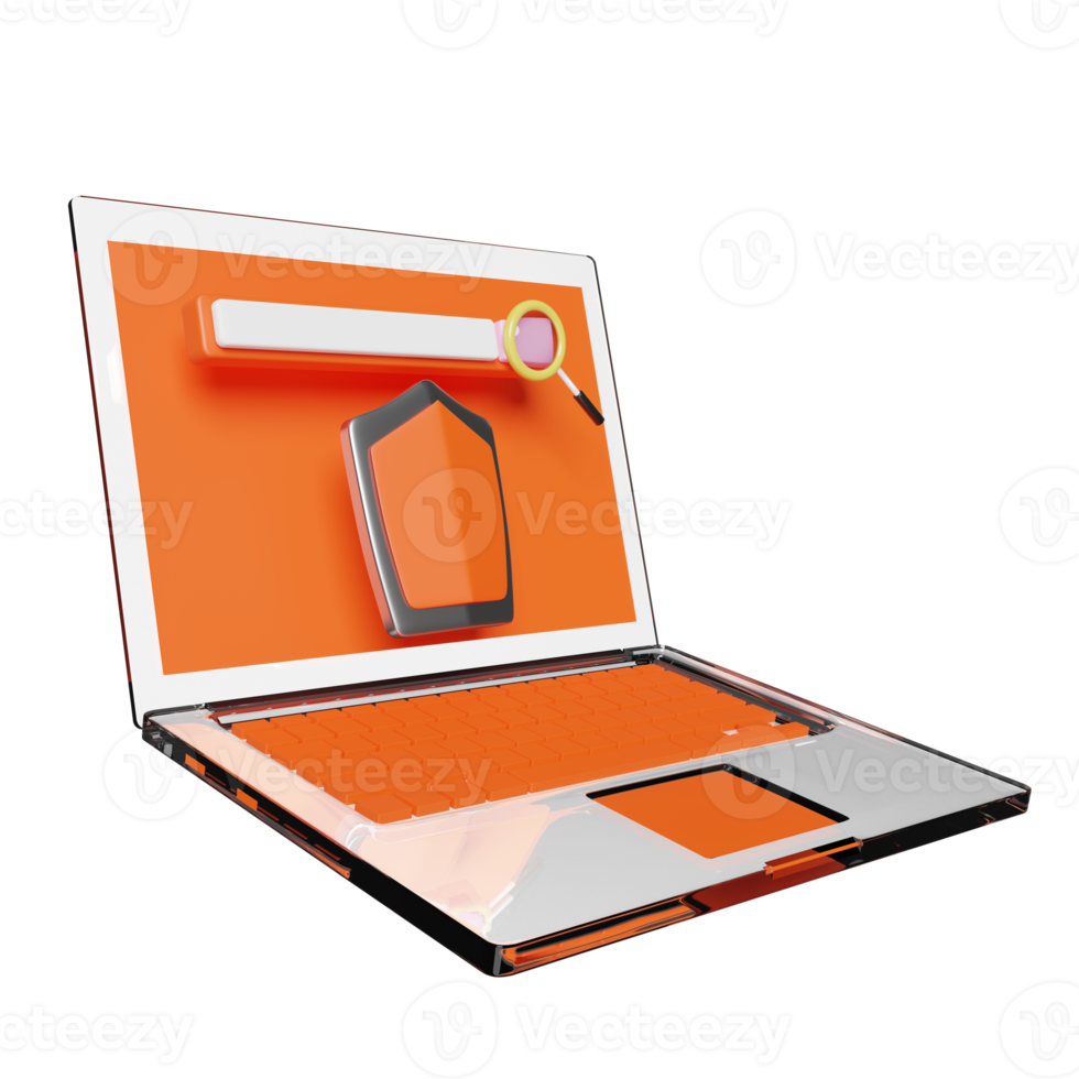 orange laptop computer with shield, blank search bar, magnifying isolated. Internet security or privacy protection or ransomware protect concept, 3d illustration or 3d render png