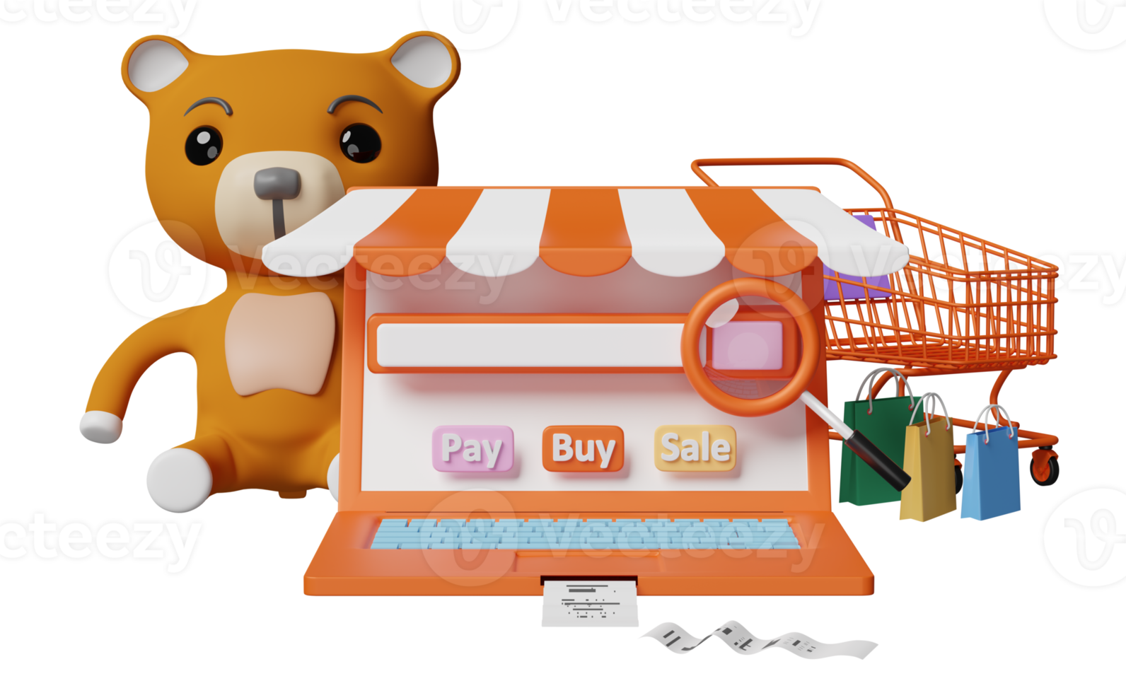 orange computer with store front, electronic bill payment, cart, paper bags, magnifying, blank search bar, teddy bear isolated. online shopping, search data concept, 3d illustration, 3d render png