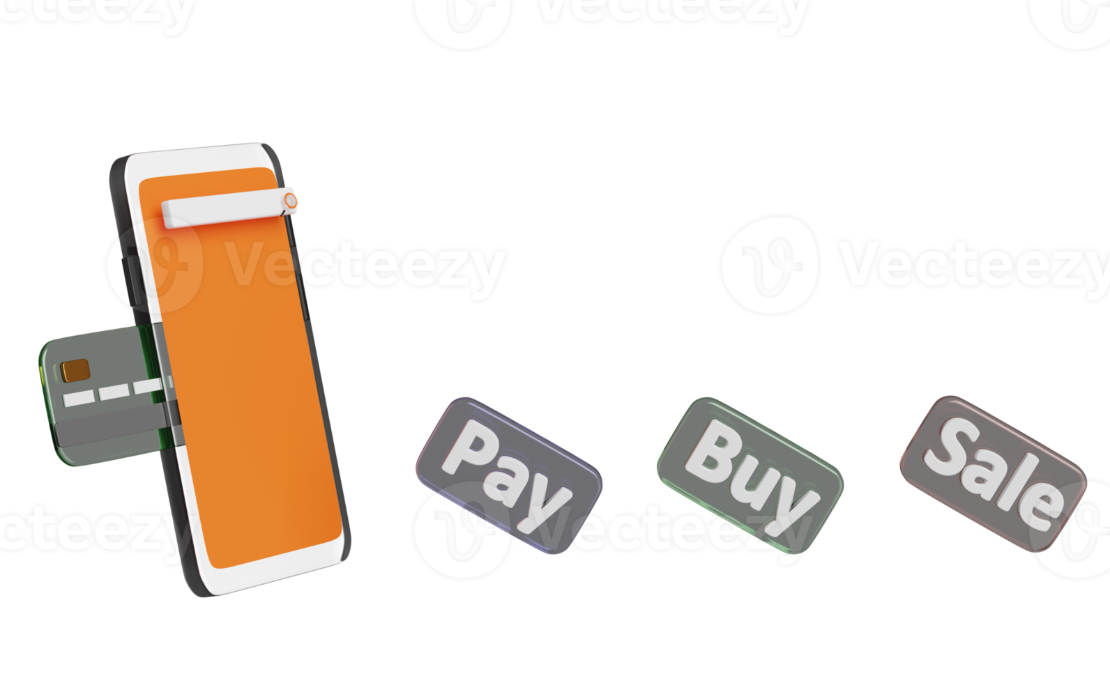 Orangefarbenes Handy oder Smartphone mit Ladenfront, Kauf, Verkauf, Pay-Label-Tag, Kreditkarte isoliert. online-shopping, suchdatenkonzept, 3d-illustration oder 3d-rendering png