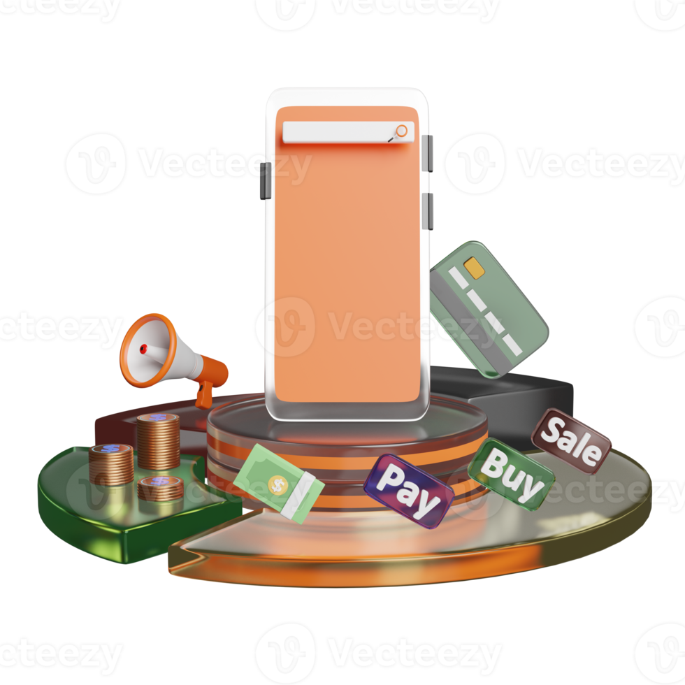podium, orange mobile phone or smartphone with store front, buy, sale, pay label tag, megaphone, money, credit card on pink. online shopping, search data concept, 3d illustration, 3d render png