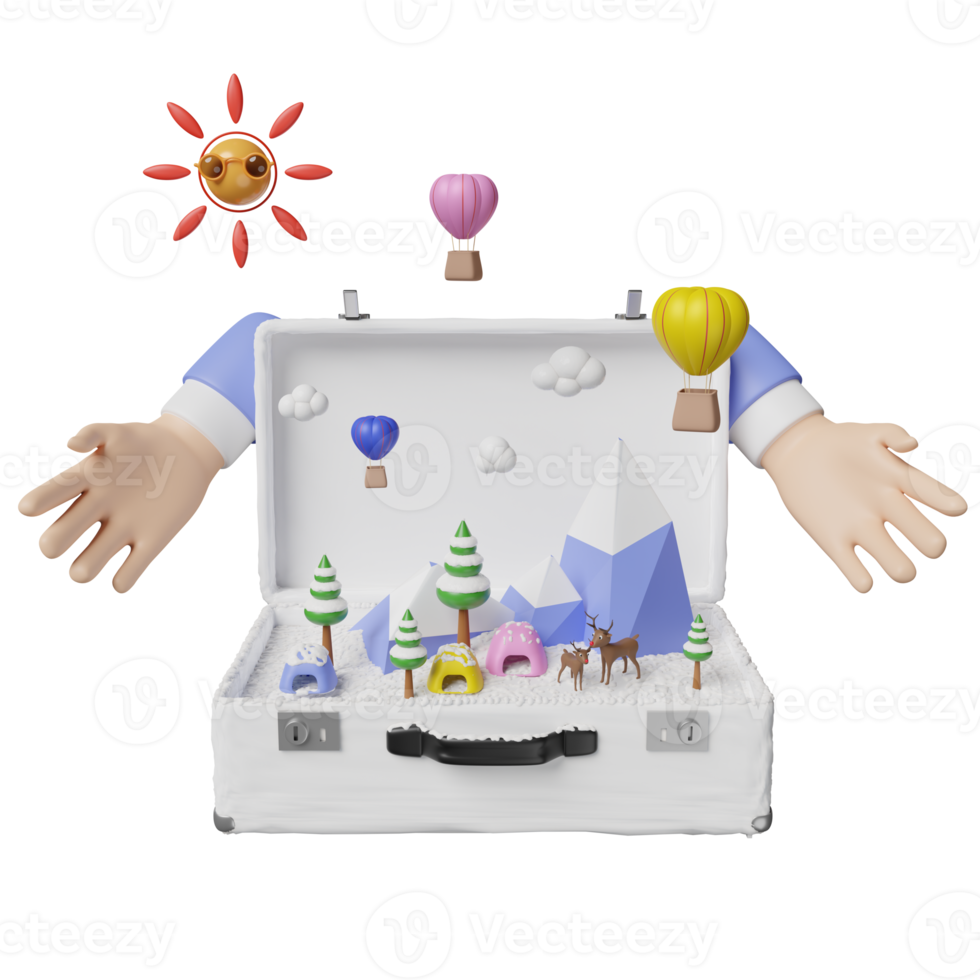 vinter- resa med tecknad serie händer, vit resväska, snö capped berg, moln, jul träd, rådjur, varm luft ballong, Sol, tält isolerat. begrepp 3d illustration, 3d framställa png