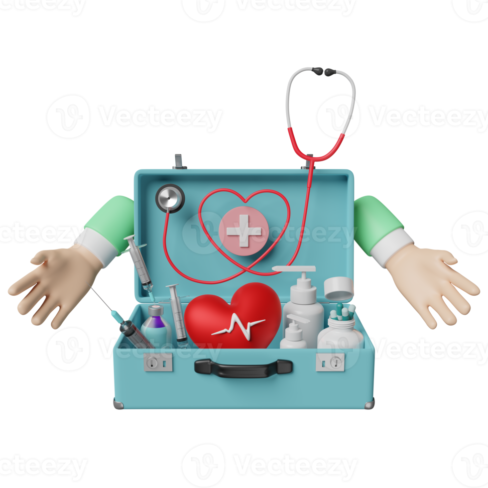 cartoon doctor two hands with first aid kit, stethoscope, syringe, red heart and blood pressure heart rate isolated. health love or world heart day concept, 3d illustration, 3d render png