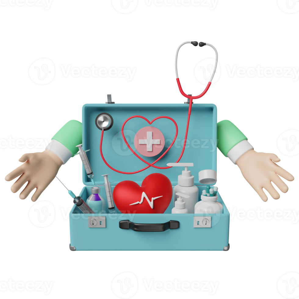 médico dos desenhos animados duas mãos com kit de primeiros socorros, estetoscópio, seringa, coração vermelho e frequência cardíaca de pressão arterial isolada. amor de saúde ou conceito de dia mundial do coração, ilustração 3d, renderização 3d png