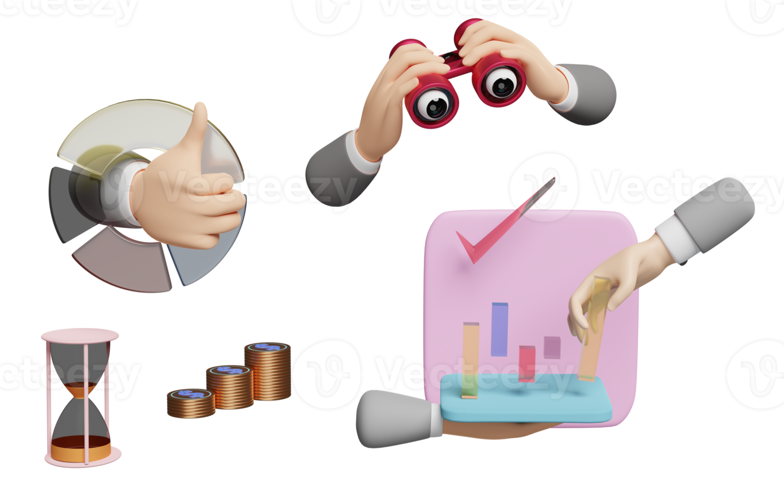 3d charts and graph with businessman hand, check, analysis business financial data,binocular, Online marketing isolated. business strategy concept, 3d render illustration png