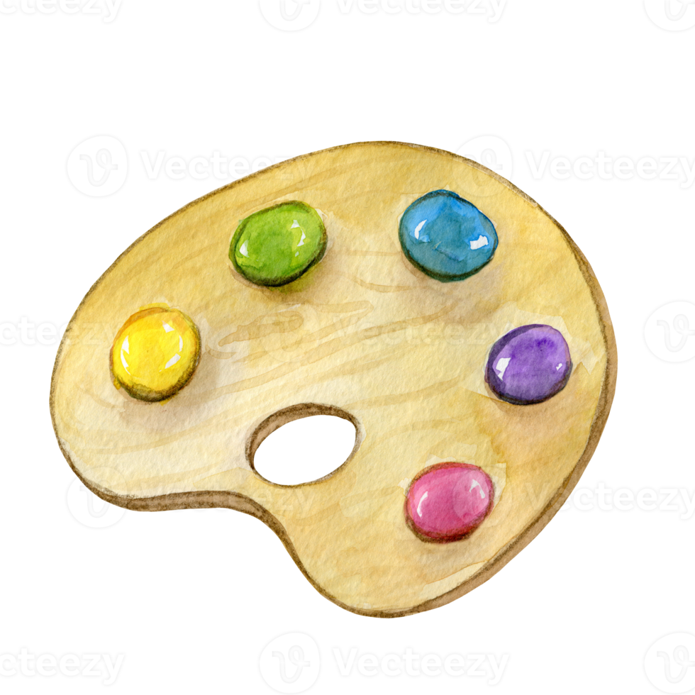 Oval wooden palette with paints, watercolor painting, cartoon png