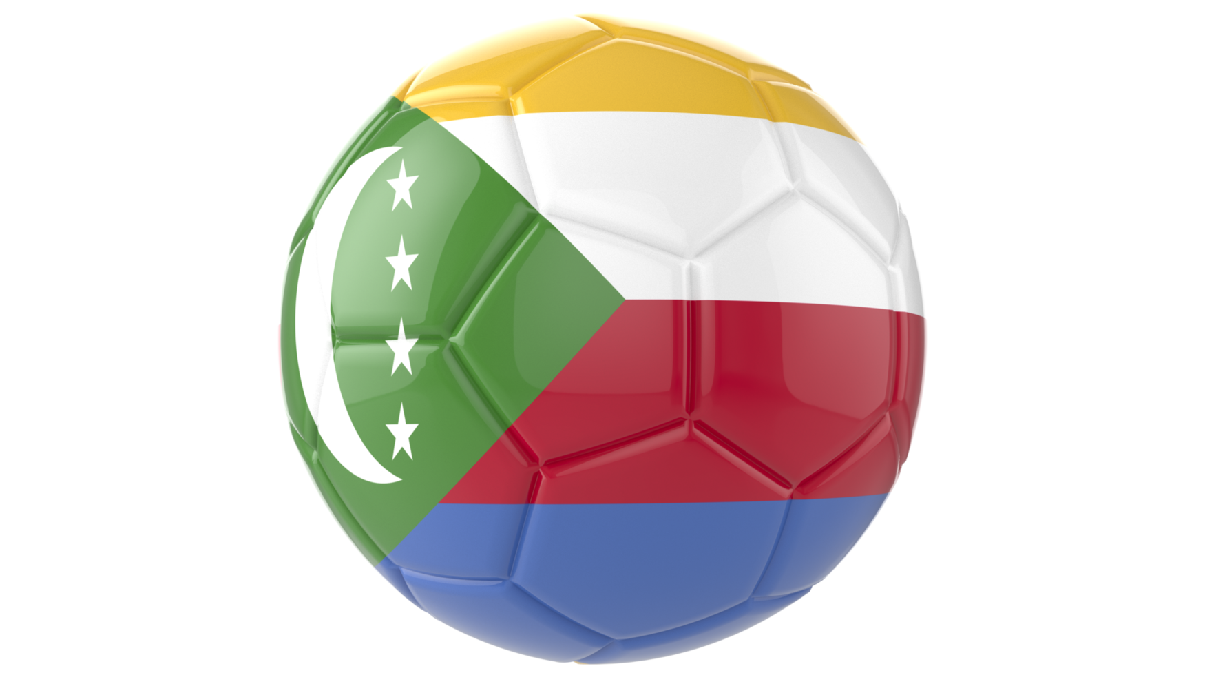 3d realistic soccer ball with the flag of Comoros on it isolated on transparent PNG background