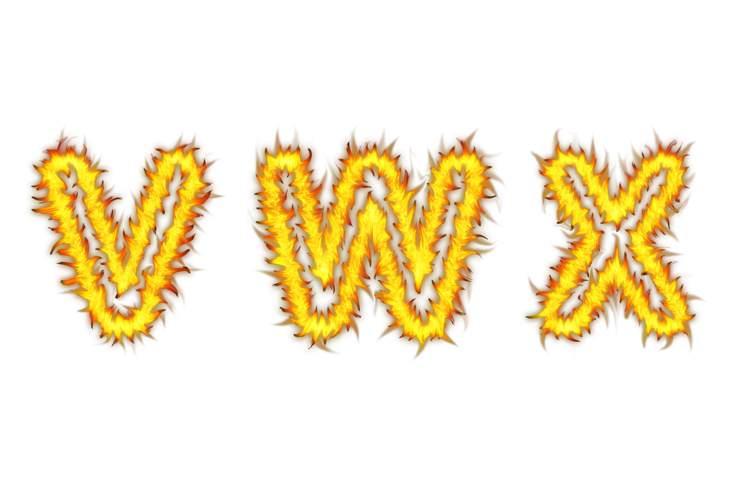 Realistic Fire font text V W X letters of the alphabet png