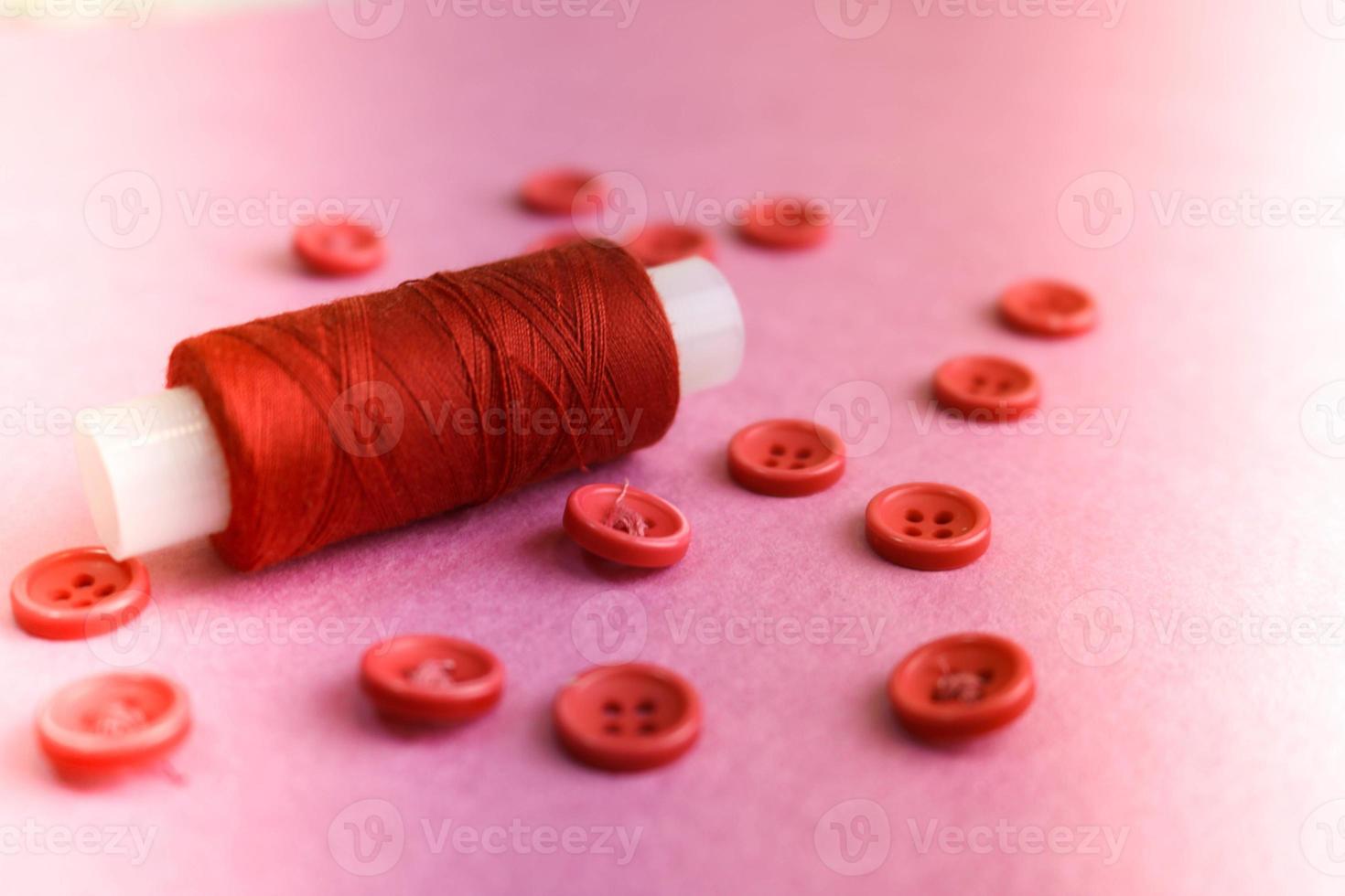 Beautiful texture with many round pink buttons for sewing, needlework and a coil of thread. Copy space. Flat lay. Pink, purple background photo