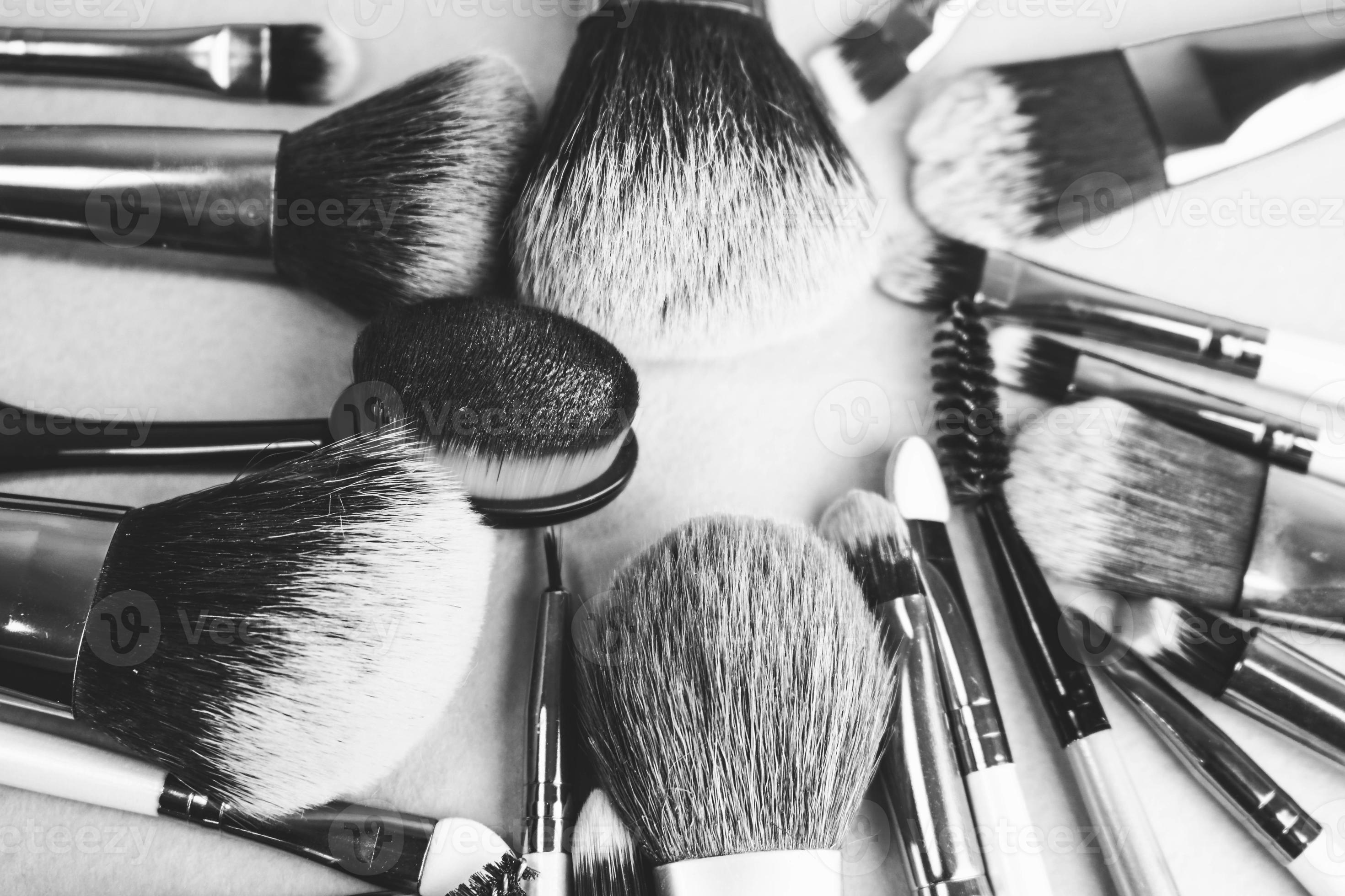 A set of beautiful black and white different soft brushes for makeup