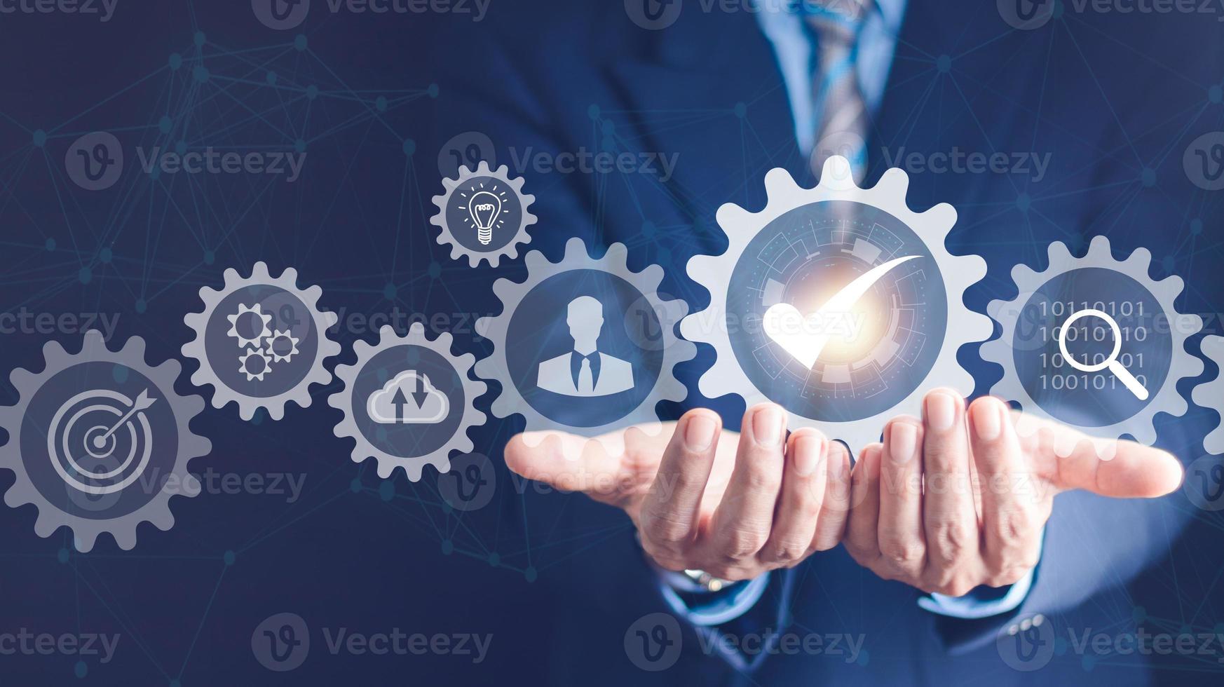 Business process management and automation with person validating document in workflow. Digital transformation, BPM and RPA to increase efficiency and productivity at work. photo