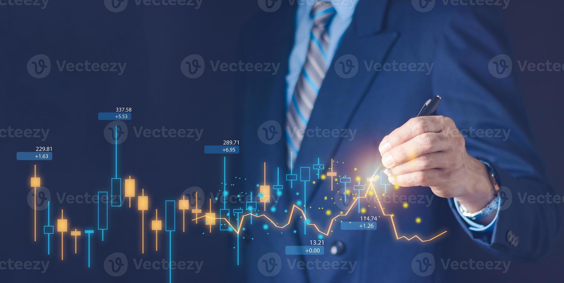 planning and strategy, Stock market, Business growth, progress or success concept. Hand of Businessman or trader touching showing a growing virtual hologram stock on smartphone, invest in trading. photo