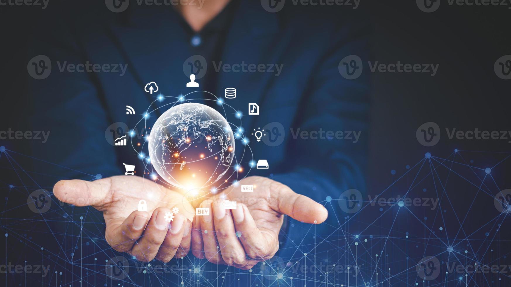 Hand holding virtual Global Internet connection metaverse. Business global internet connection application technology and digital marketing, Financial and banking, Digital link tech, big data. photo