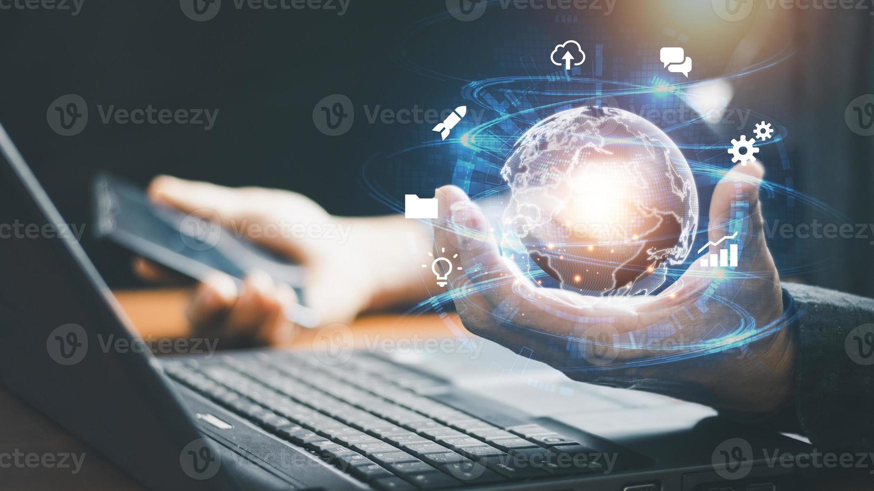 Hand holding virtual Global Internet connection metaverse. Business global internet connection application technology and digital marketing, Financial and banking, Digital link tech, big data. photo