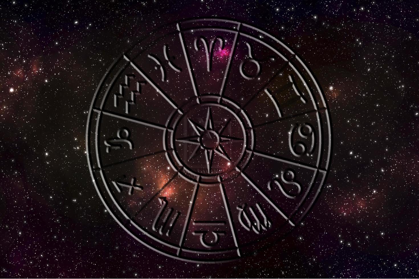 Zodiac signs inside of horoscope circle. Astrology in the sky with many stars and moons astrology and horoscopes concept photo