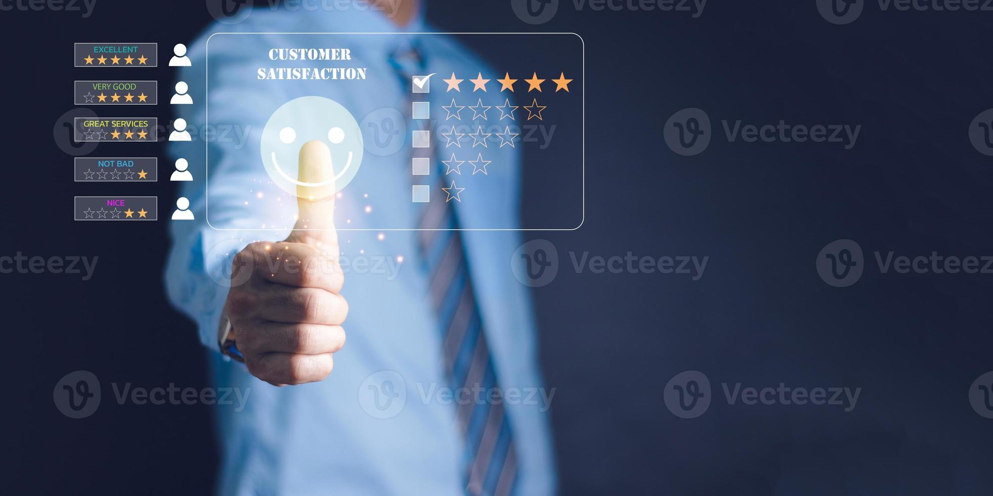 Customer review satisfaction feedback survey concept, User give rating to service experience on online application, Customer can evaluate quality of service leading to reputation ranking of business. photo