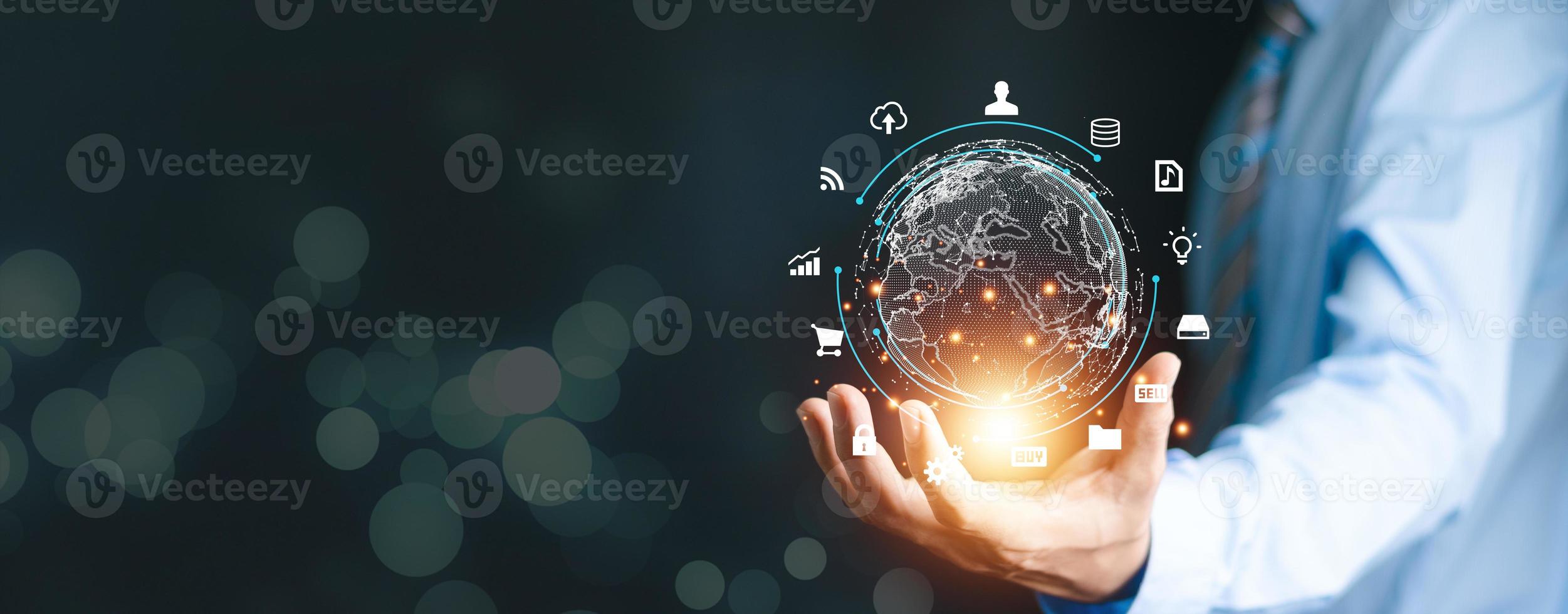 Hand holding virtual Global Internet connection metaverse. Business global internet connection application technology and digital marketing, Financial and banking, Digital link tech, big data. photo