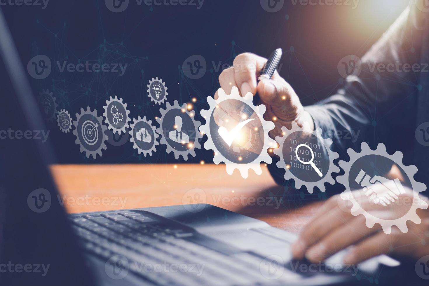 Business process management and automation with person validating document in workflow. Digital transformation, BPM and RPA to increase efficiency and productivity at work. photo