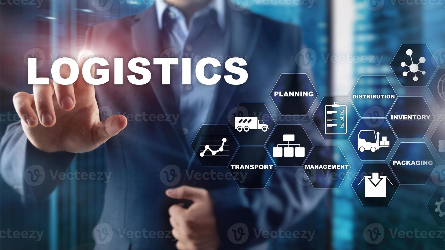Logistic and transport concept. Businessman shows logistics diagram. Online goods orders. Goods delivery. Mixed media. photo