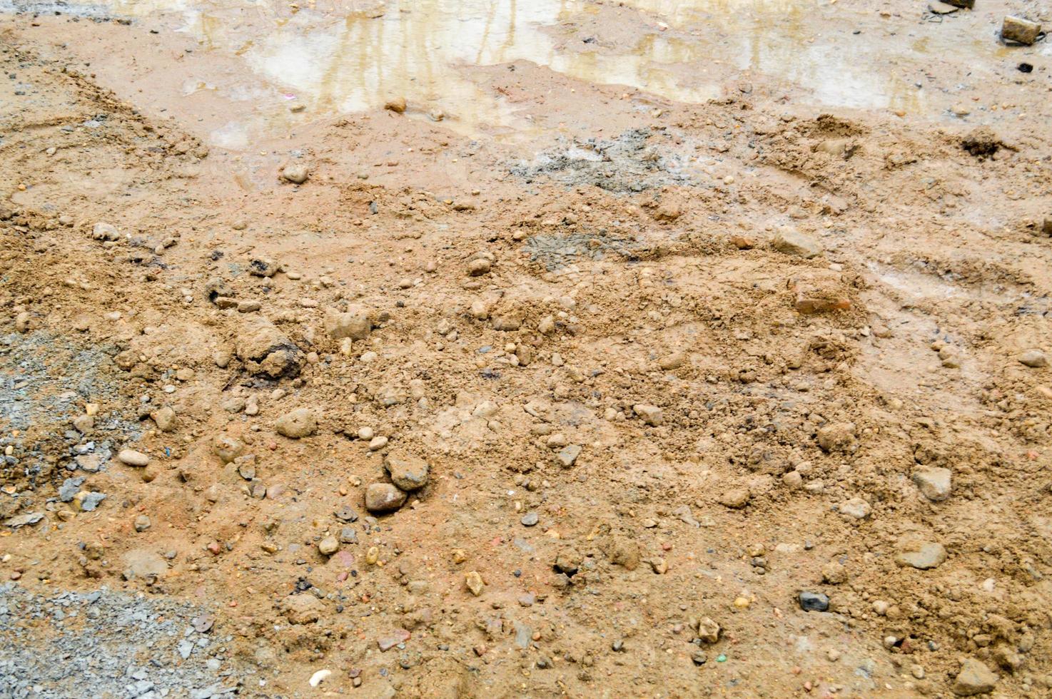 Texture of a dirty bad dirt road dirt road with puddles and clay drying mud with cracks and ruts. Off-road. The background photo