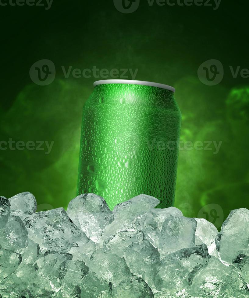 green aluminum can with water droplets with ice photo