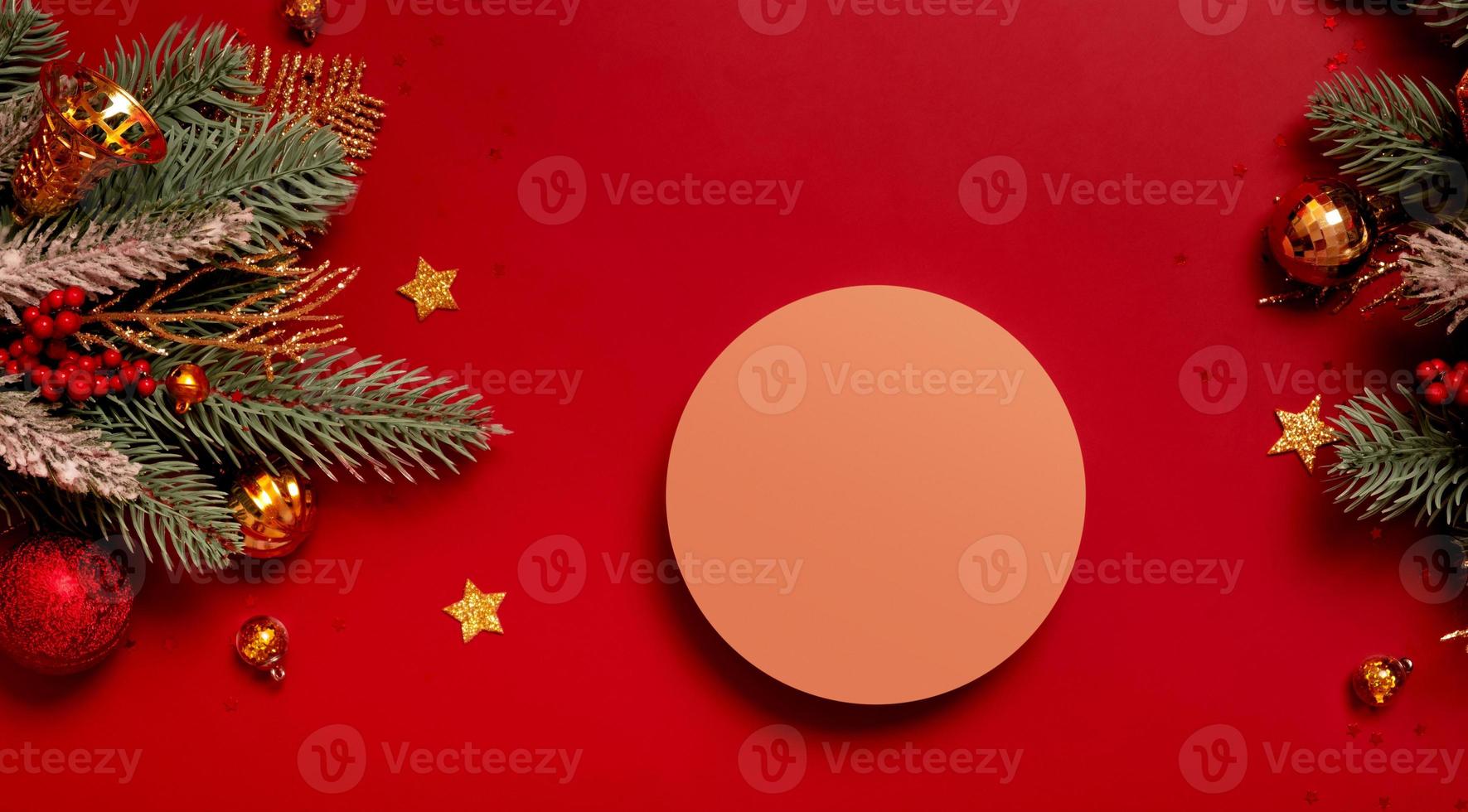 Mock up podium or pedestal for skincare beauty products and Christmas decorations top view on red background photo