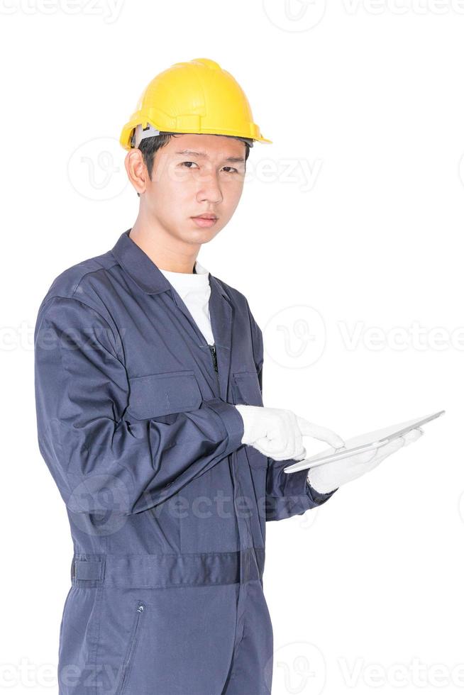 Worker using a tablet on white photo