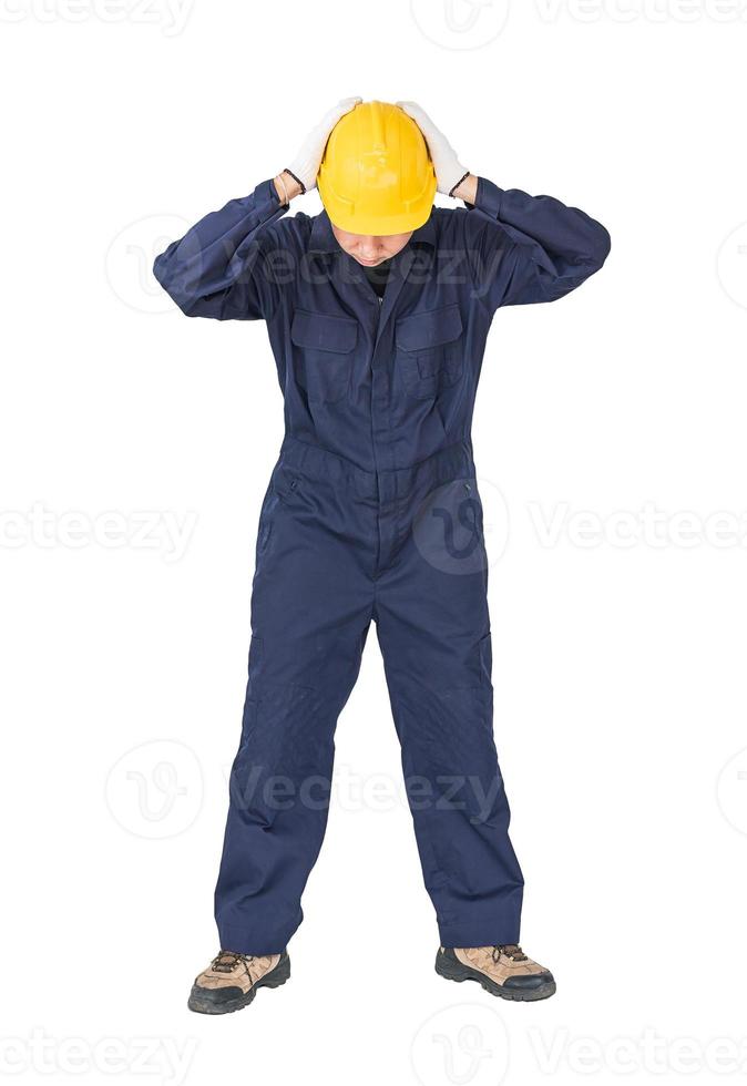 Workman with blue coveralls and hardhat in a uniform with clipping path photo