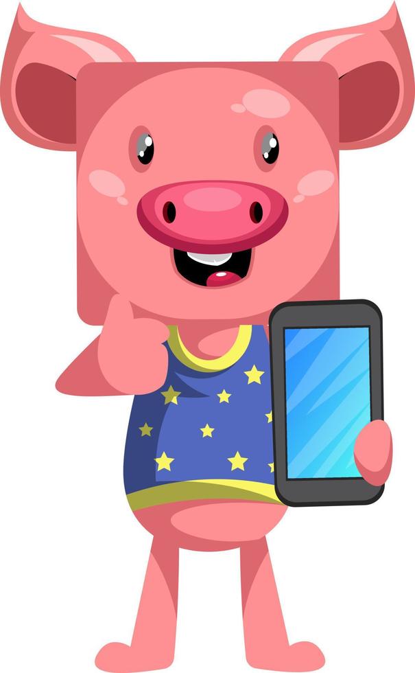 piggy con selfphone, ilustración, vector sobre fondo blanco.