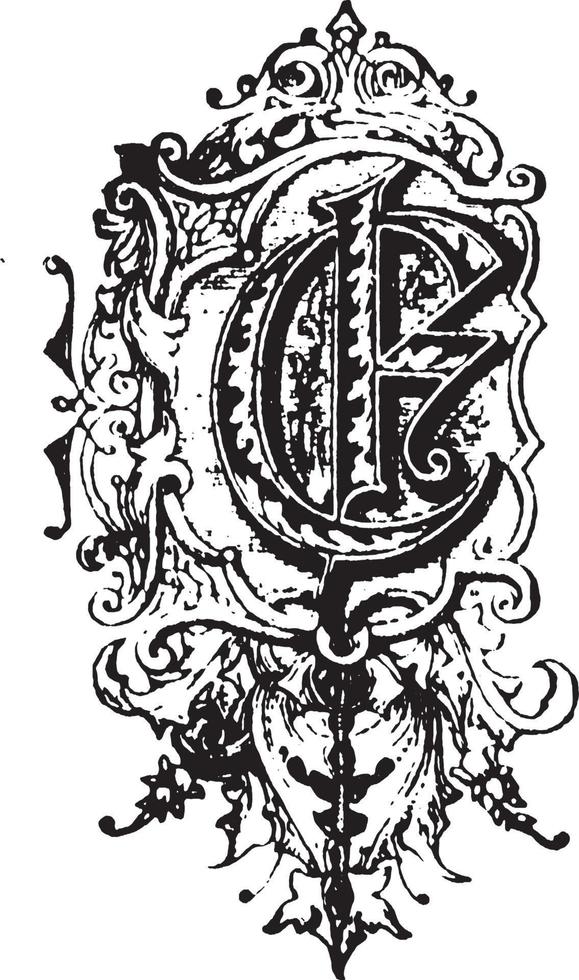 E, Ornate initial, vintage illustration vector