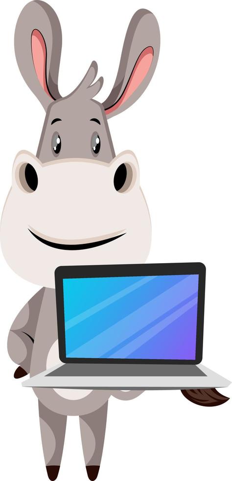 Donkey with laptop, illustration, vector on white background.