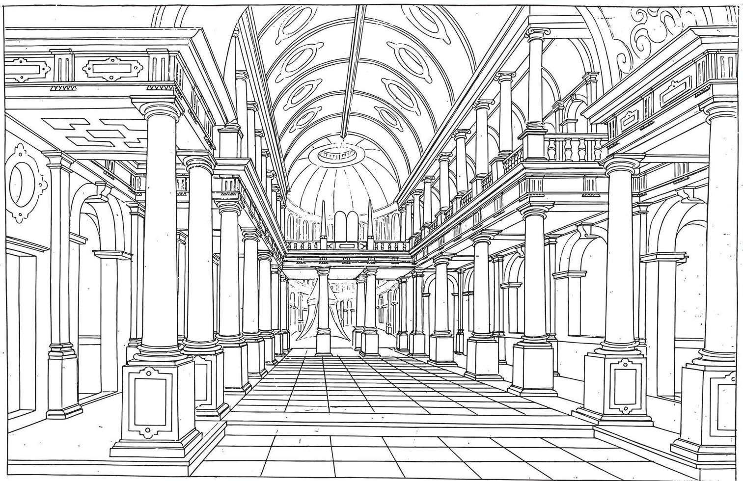 interior de una iglesia, hendrick hondius i, ilustración vintage. vector