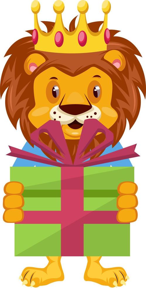 León con regalo de cumpleaños, ilustración, vector sobre fondo blanco.