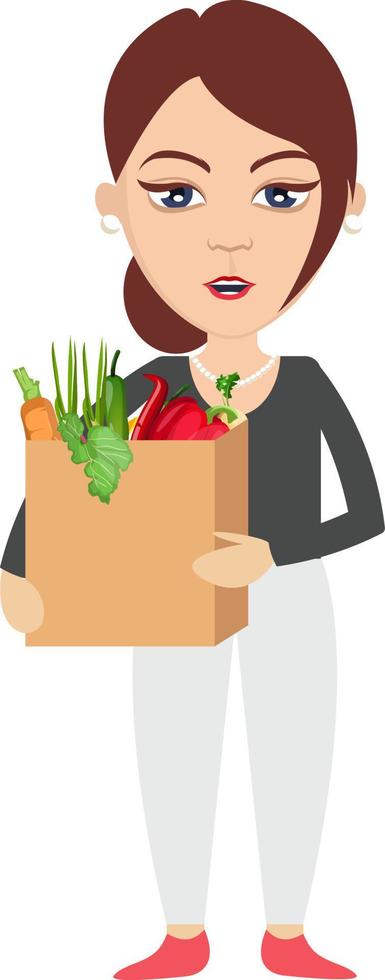 mujer sosteniendo una bolsa con comestibles, ilustración, vector sobre fondo blanco.