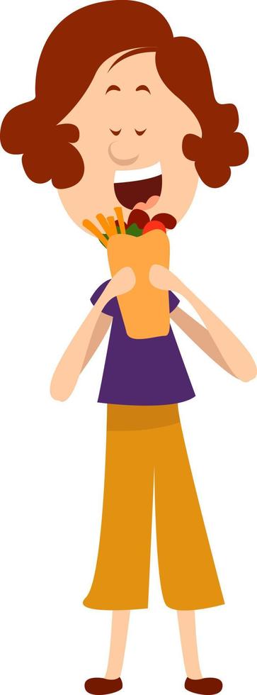 Person eating street food, illustration, vector on white background