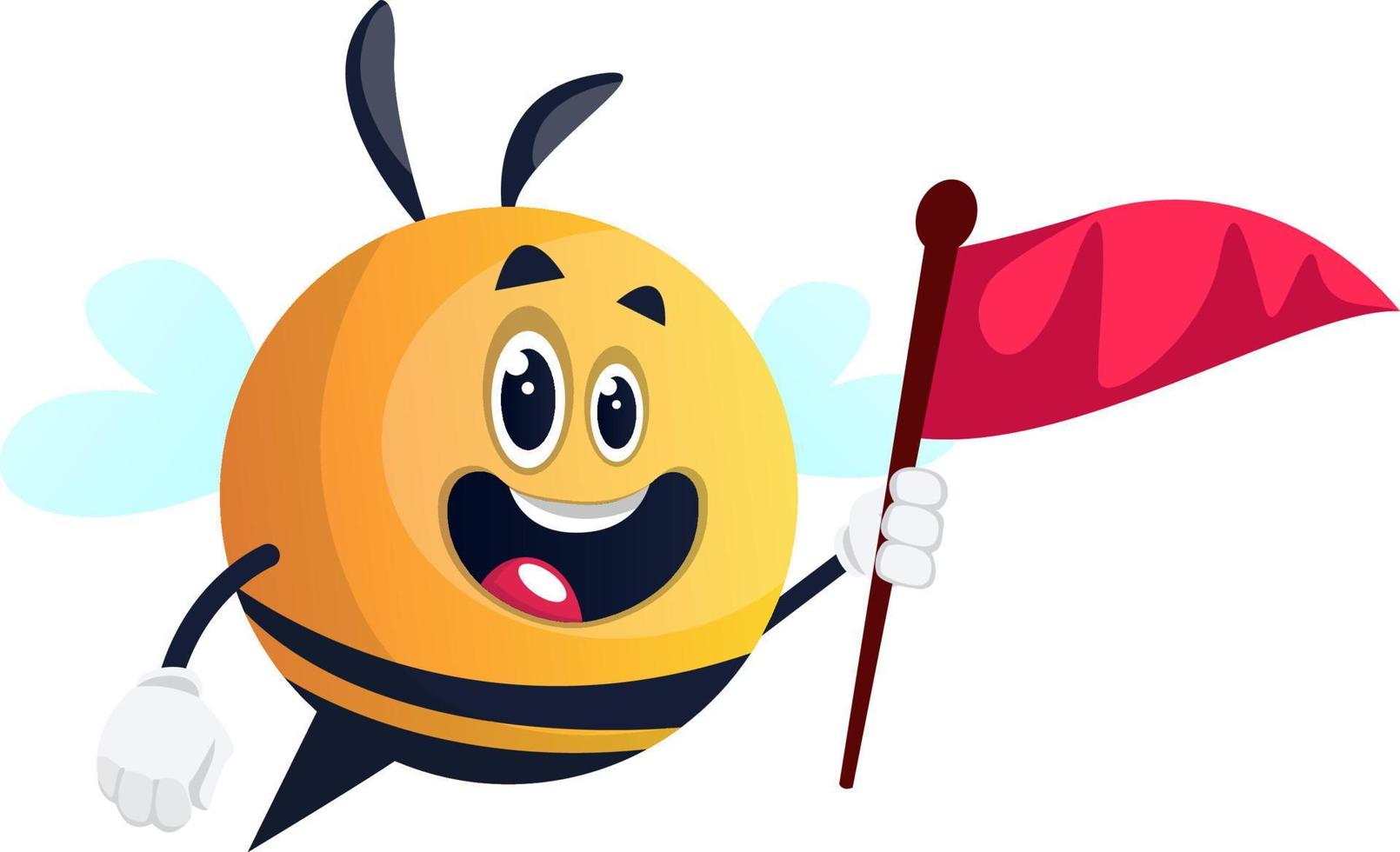 Abeja sosteniendo bandera roja, ilustración, vector sobre fondo blanco.