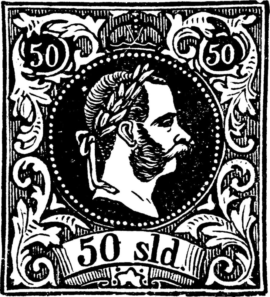 Austria 50 Soldi Stamp in 1867, vintage illustration. vector