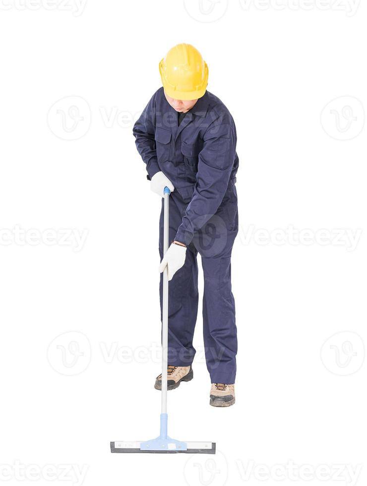 Young man hold squeegee window cleaner isolated on white photo