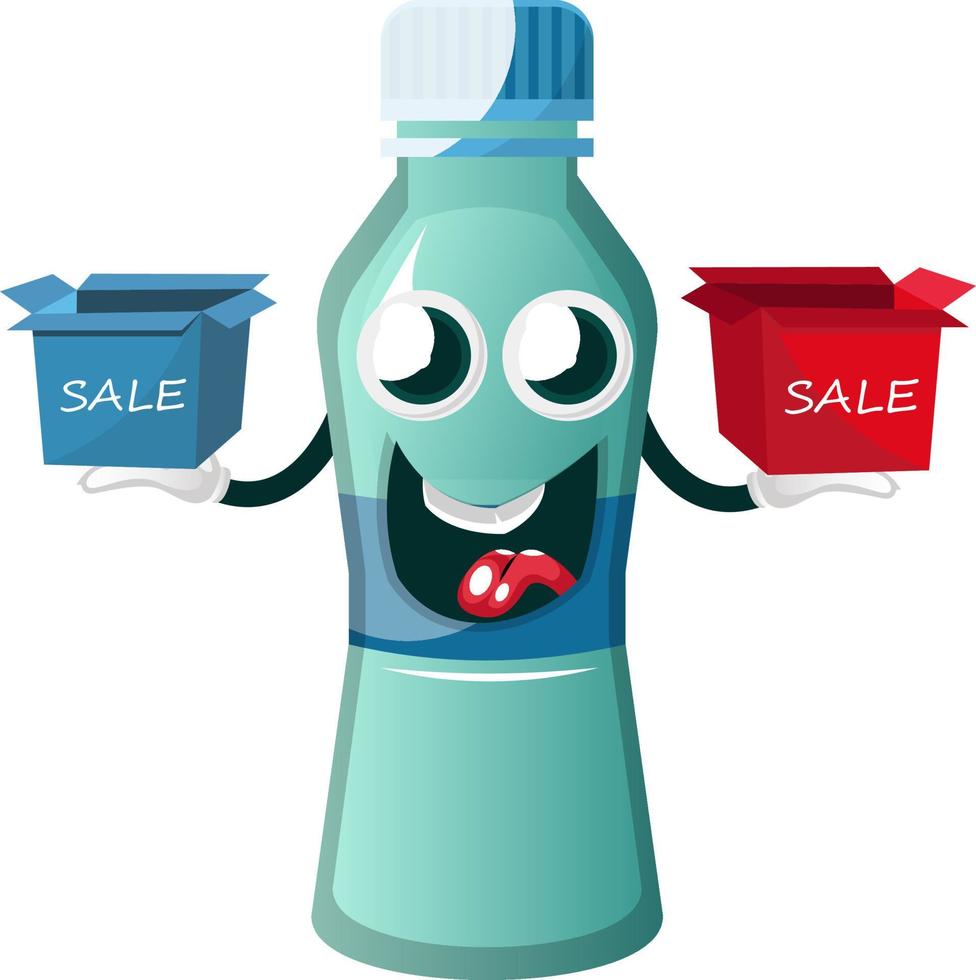 Bottle is holding sale boxes, illustration, vector on white background.
