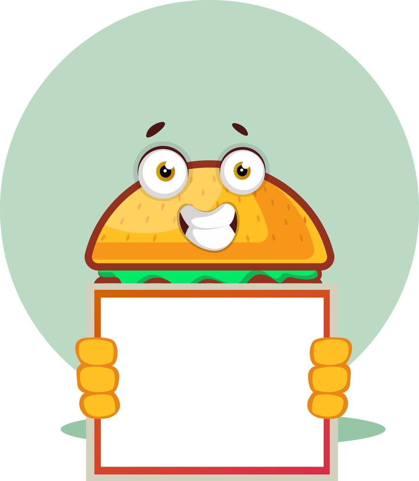 Burger holds a whiteboard, illustration, vector on white background.