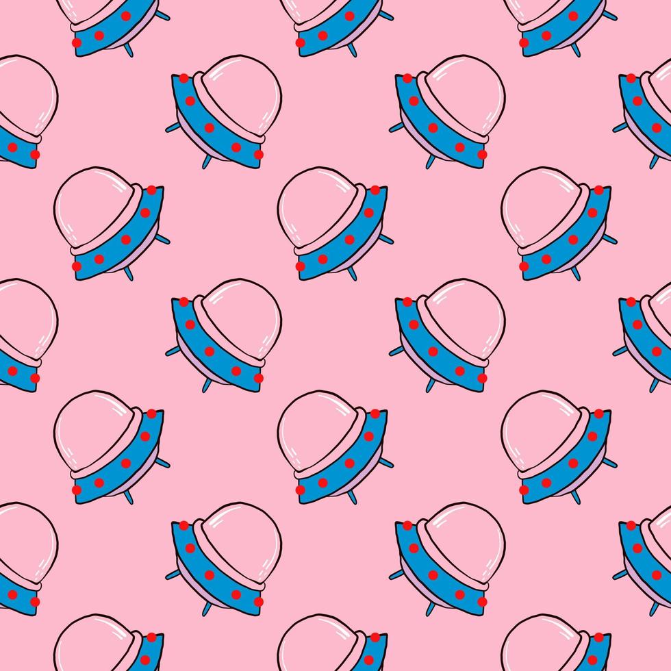 Little alien UFO,seamless pattern on pink background. vector