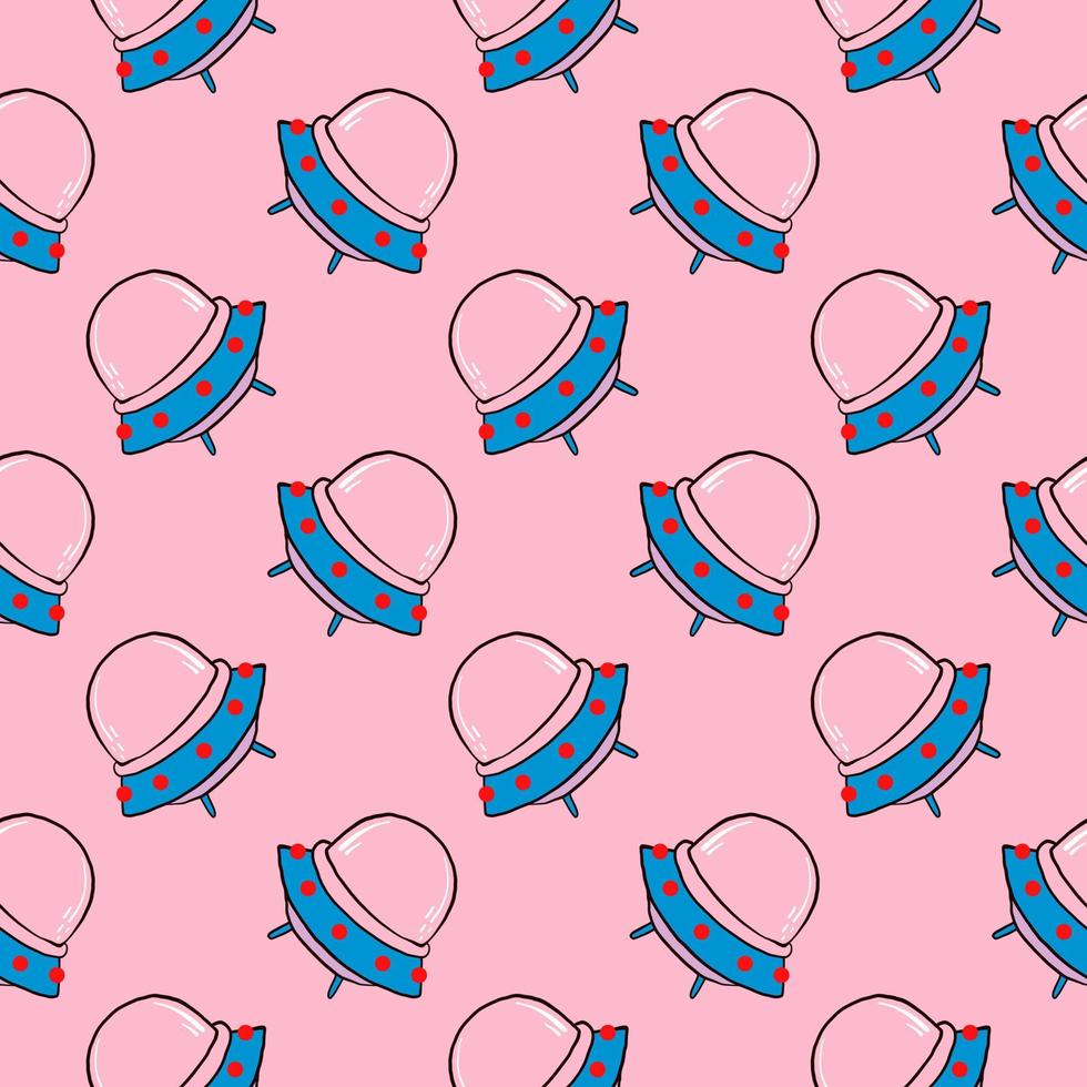 Little alien UFO,seamless pattern on pink background. vector