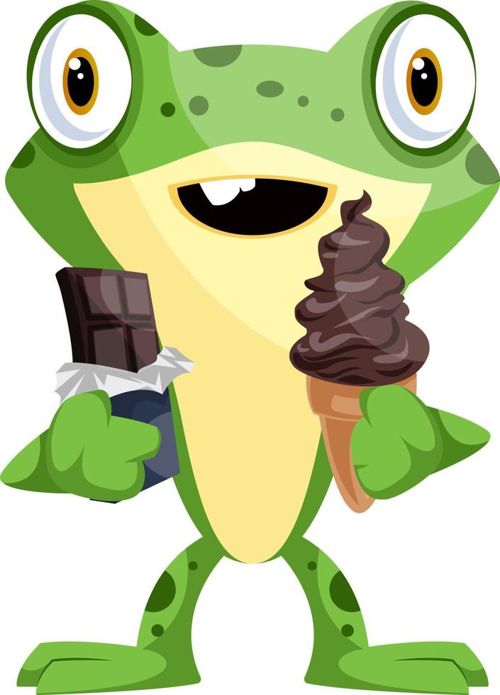 Cheerful baby frog eating candies, illustration, vector on white background.