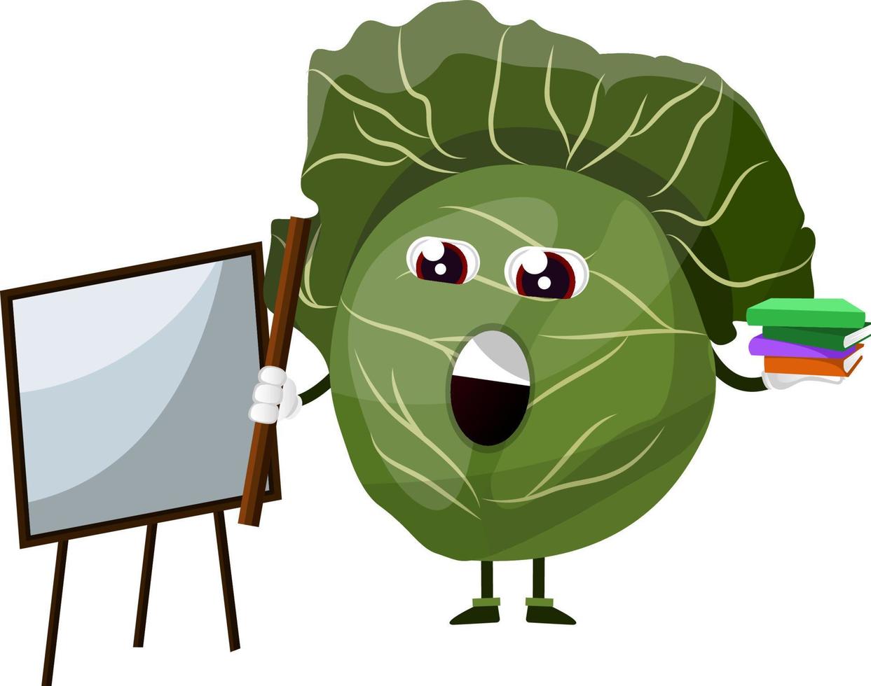 Cabbage with whiteboard, stick and books, illustration, vector on white background.