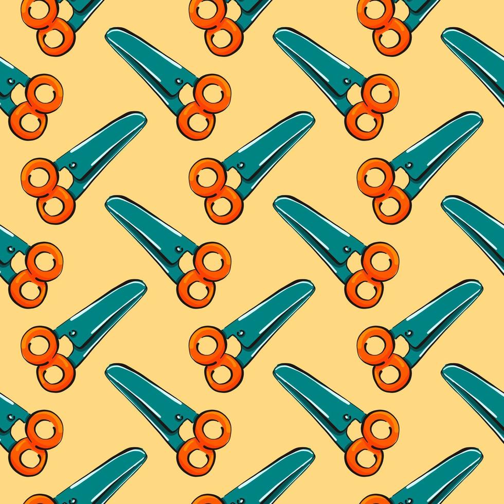 Orange scissors,seamless pattern on yellow background. vector