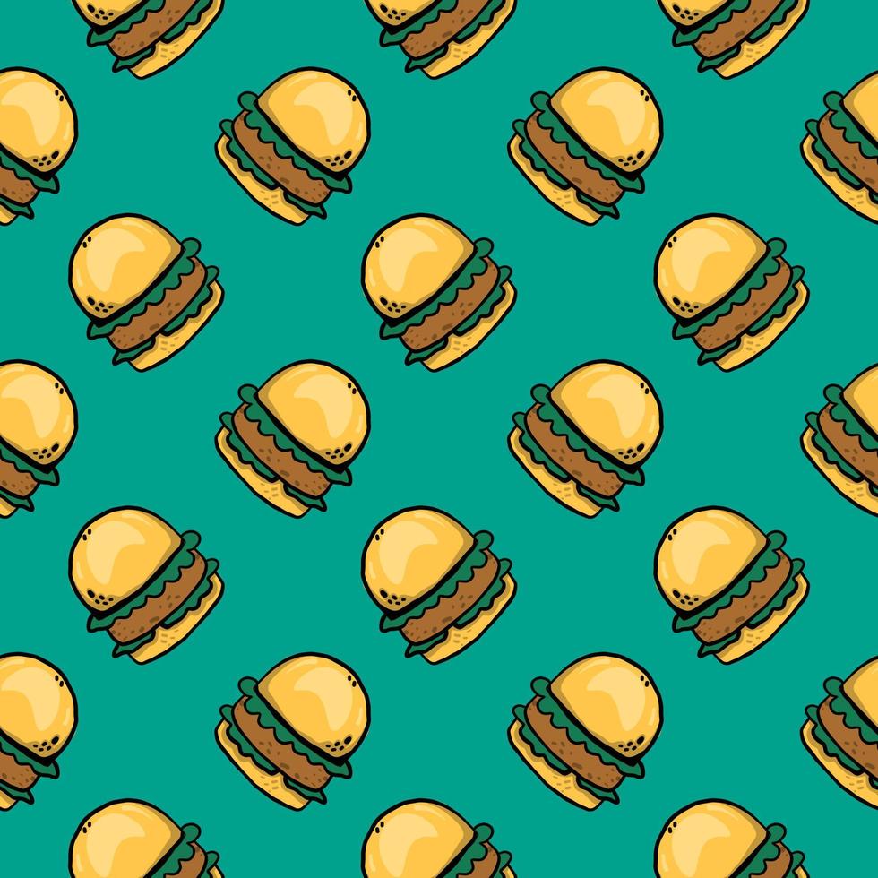 pequeña hamburguesa linda, patrón sin costuras sobre fondo verde. vector