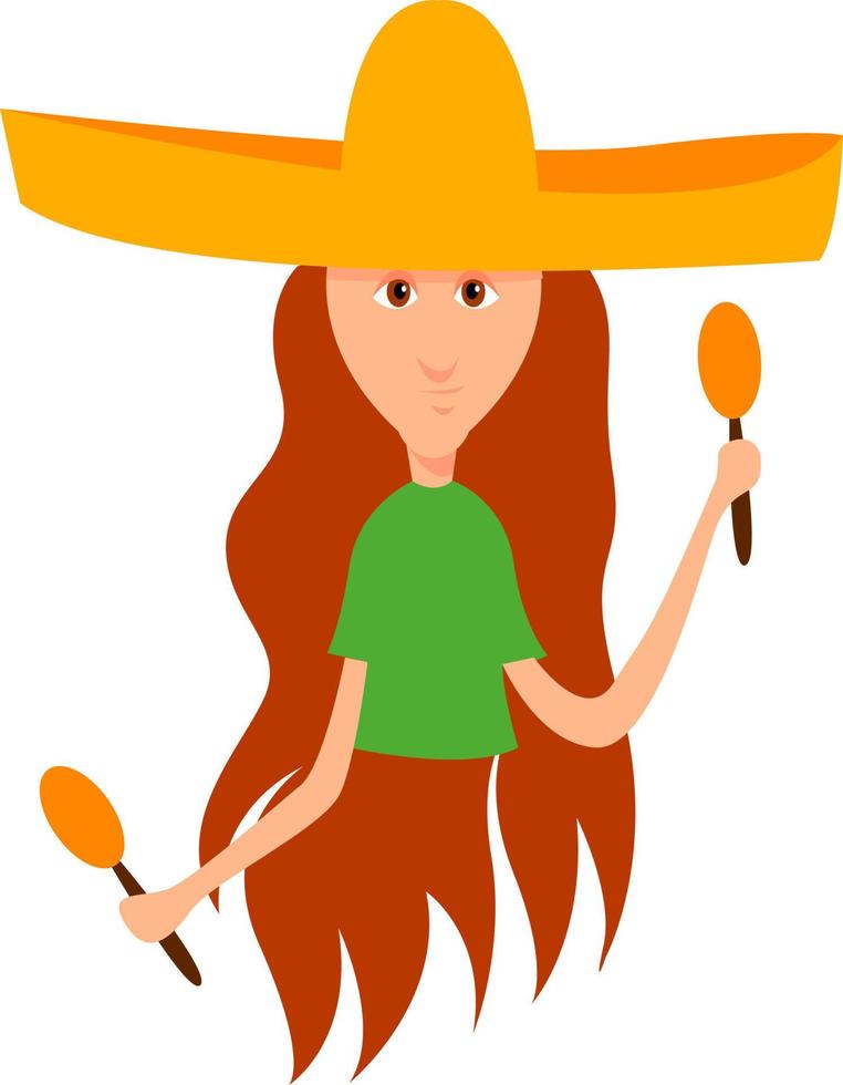 Girl with sombrero, illustration, vector on white background.